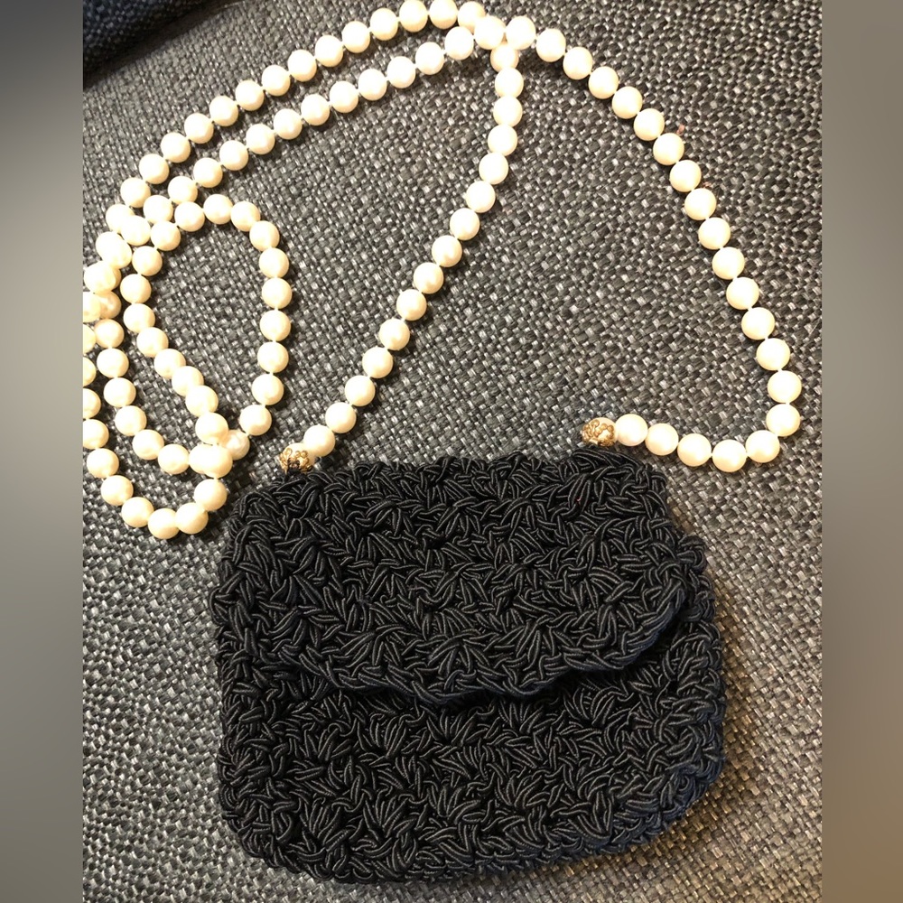 Carrie Forbes crochet knit Pearl strap crossbody bag black cream